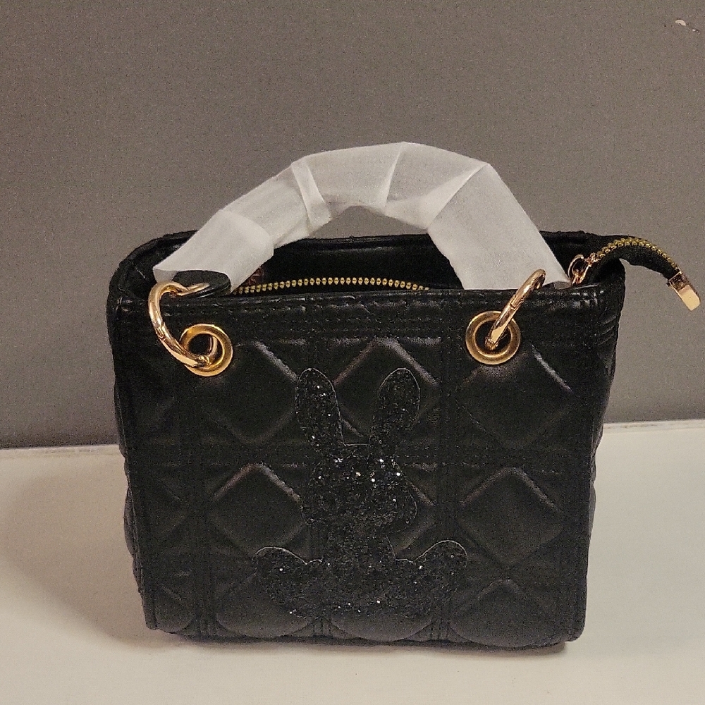 🐰 Black Sparkly Quilted Easter Bunny Minu Handbag with Gold Accents NWT